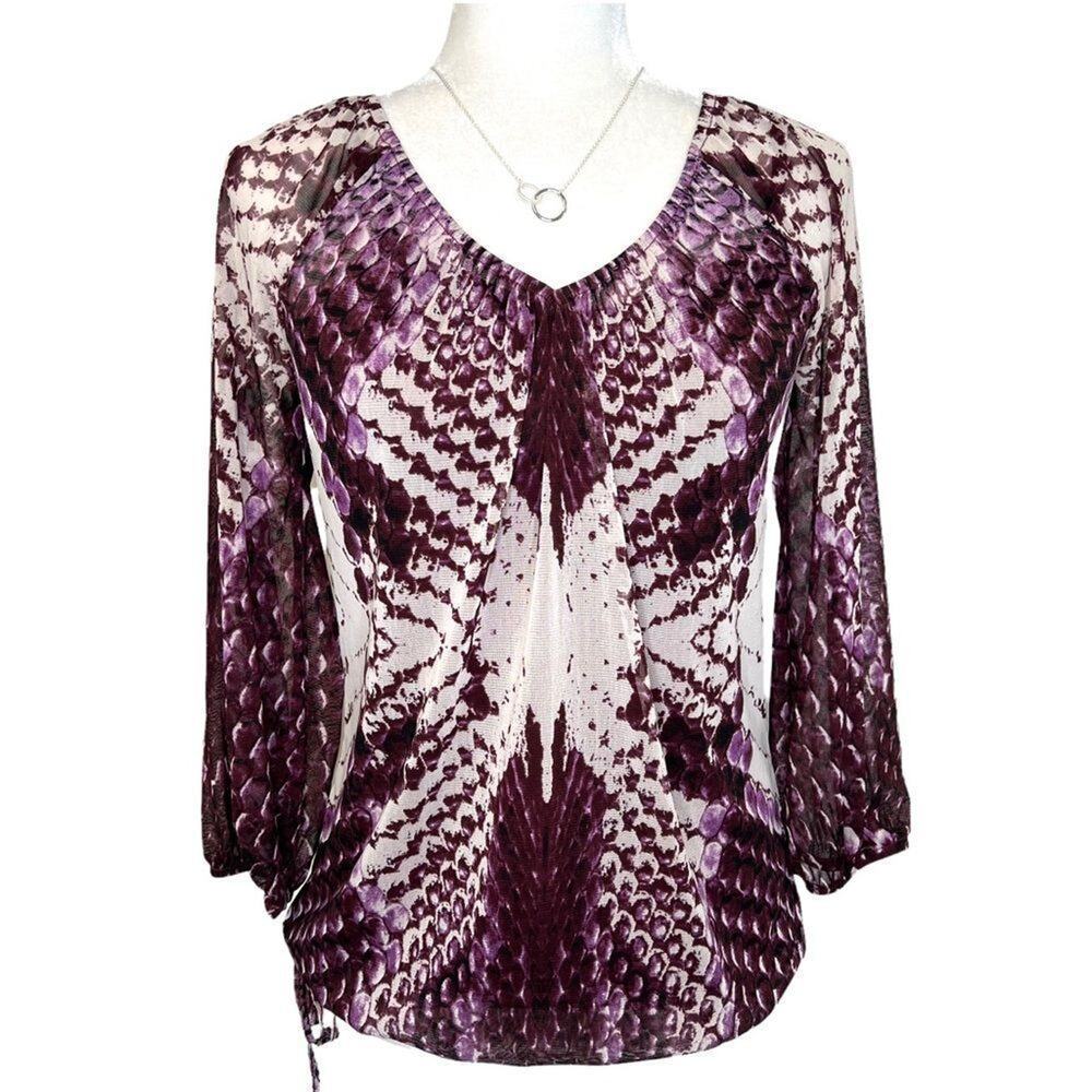 INC Semi Sheer Top Womens Size XS Purple Snake Print Cami Lined Long Sleeve